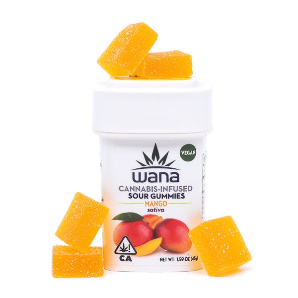 Wana sour mango cannabis infused gummies package with gummies laying around it 