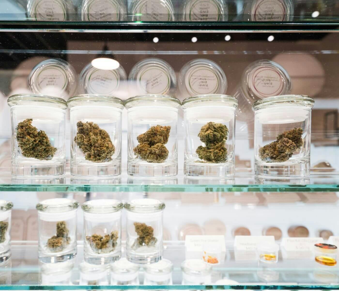 weed in glass containers on the shelf 