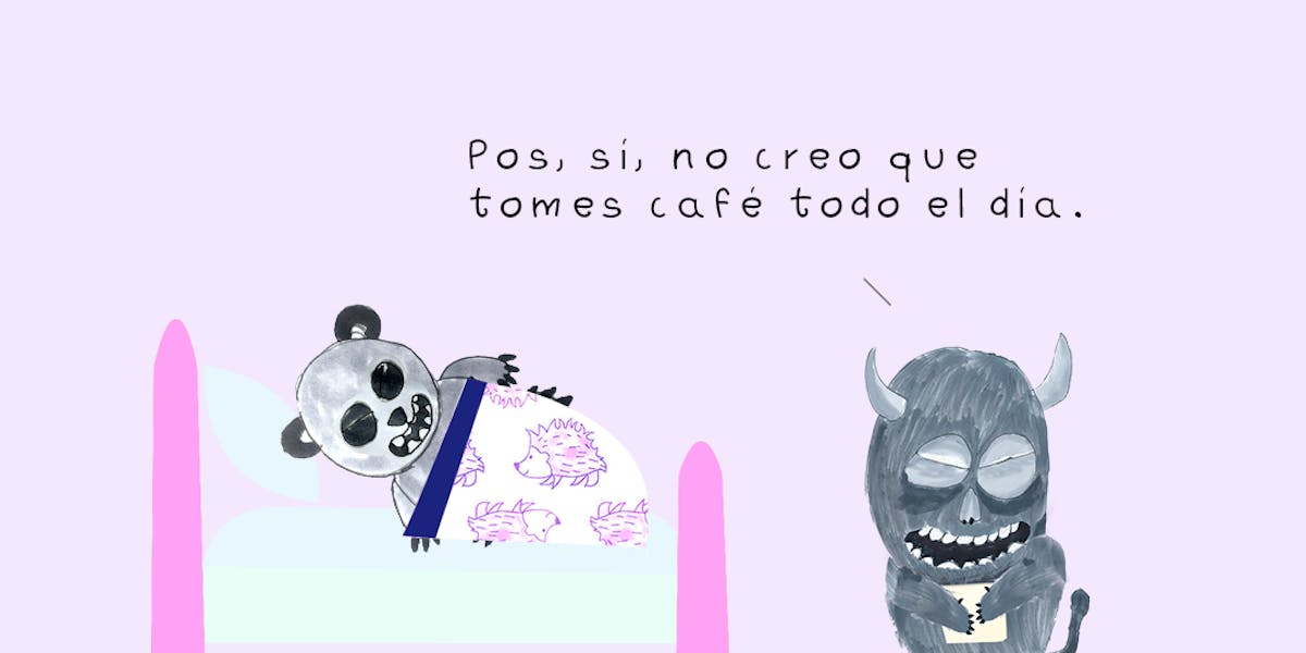 Garitma, monstruo hablando a oso panda acostado en cama, cómic dibujo marcador sobre papel