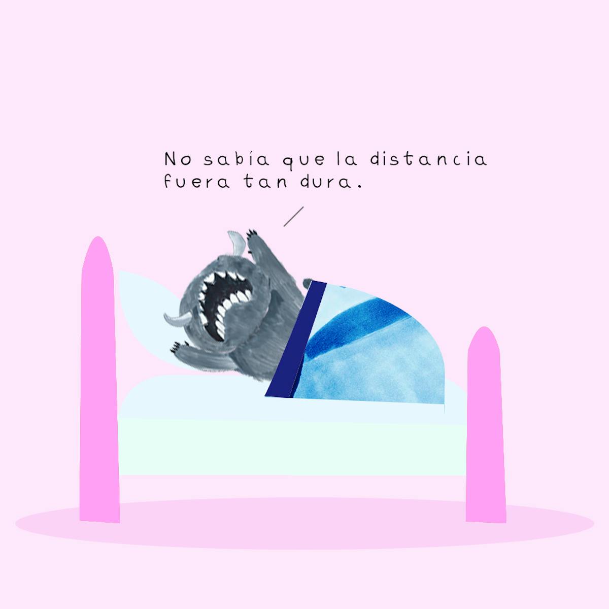 Garitma, monstruo llorando en su cama, cómic dibujo marcador sobre papel