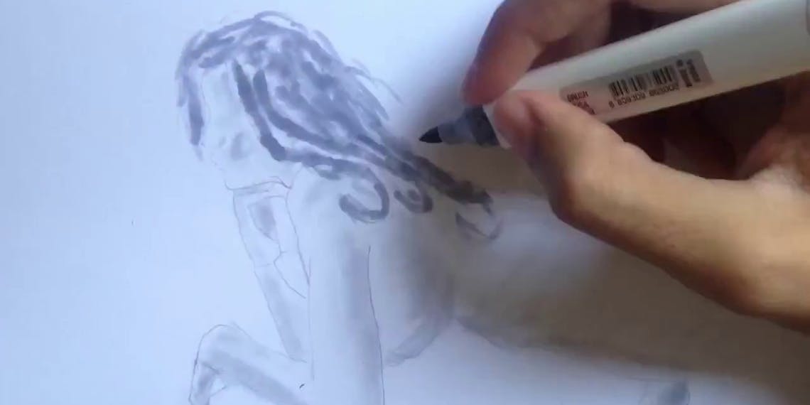 Garitma, mujer desnuda mirando por el balcón, dibujo cámara rápida marcador sobre papel