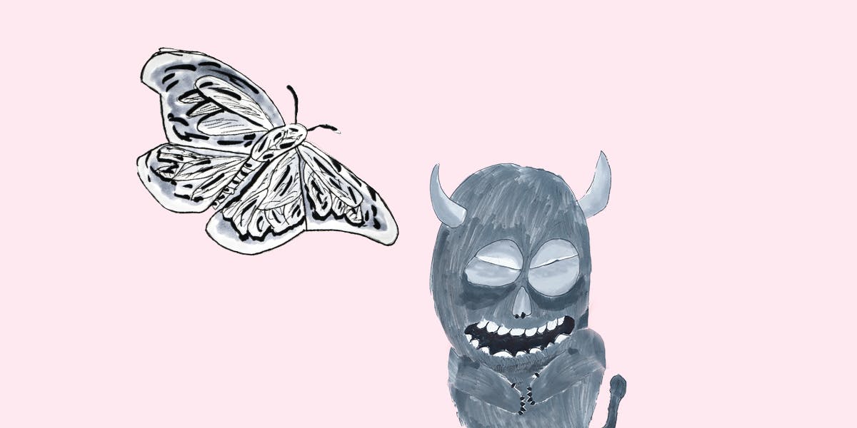 Garitma, Mariposa gigante se acerca a mosntruo, cómic dibujo marcador sobre papel