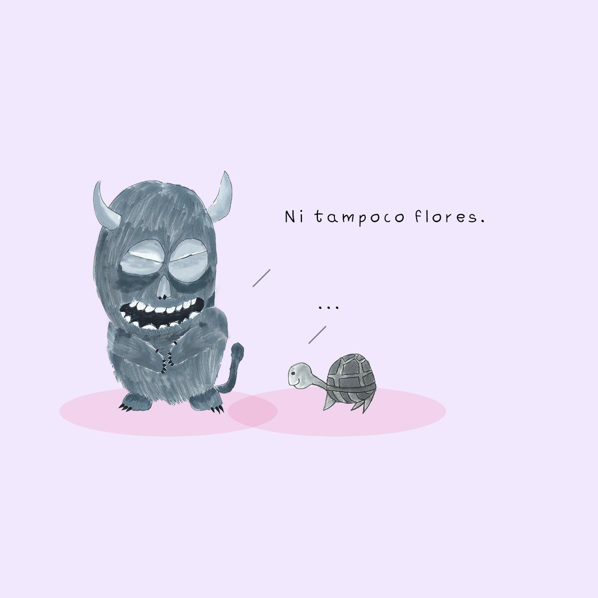 Garitma, Monstruo riendo hablando con tortuga, cómic dibujo marcador sobre papel