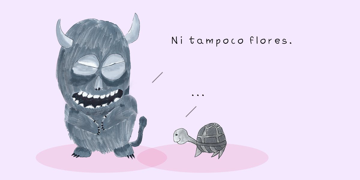 Garitma, Monstruo riendo hablando con tortuga, cómic dibujo marcador sobre papel
