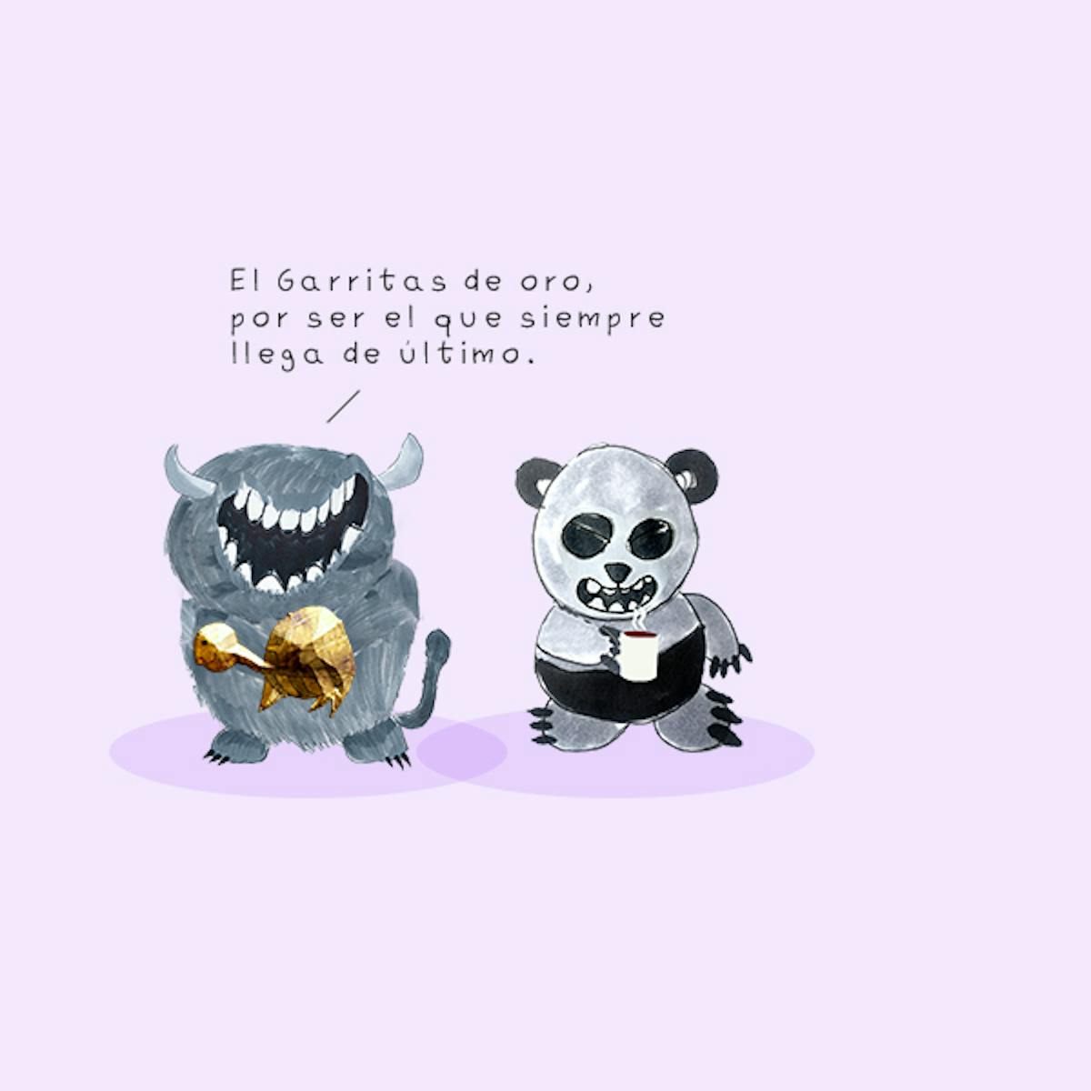 Garitma, monstruo entregando tortuga de oro a  oso panda,cómic dibujo marcador sobre papel