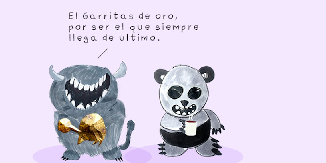 Garitma, monstruo entregando tortuga de oro a oso panda,cómic dibujo marcador sobre papel