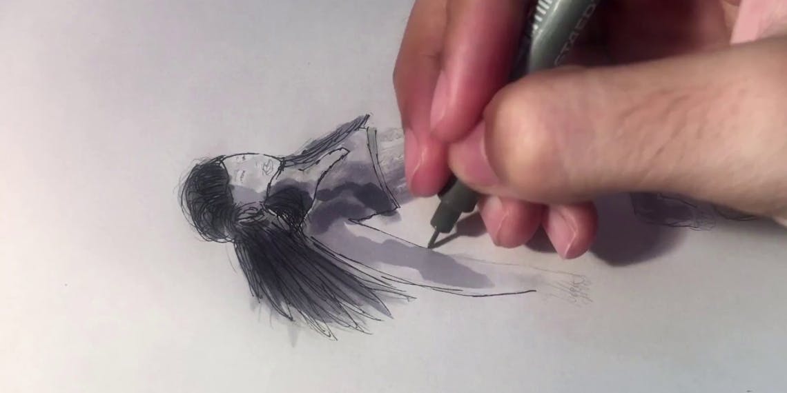 Garitma, mujer flotando, dibujo cámara rápida marcador sobre papel