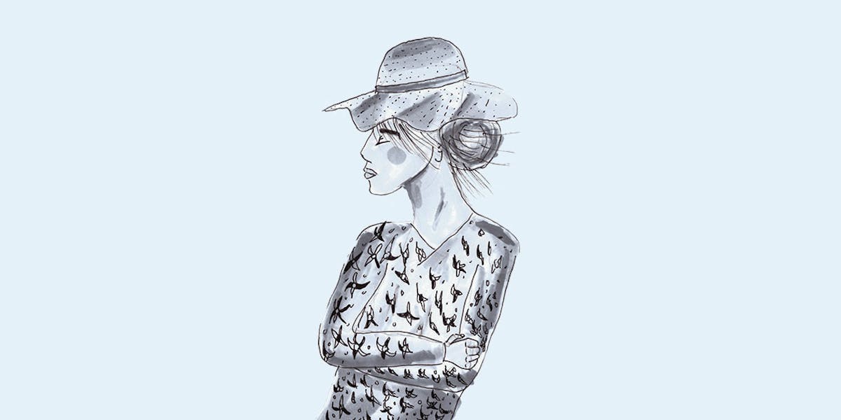 Garitma, mujer con sombrero y camisa de flores mirando al horizonte, dibujo marcador sobre papel