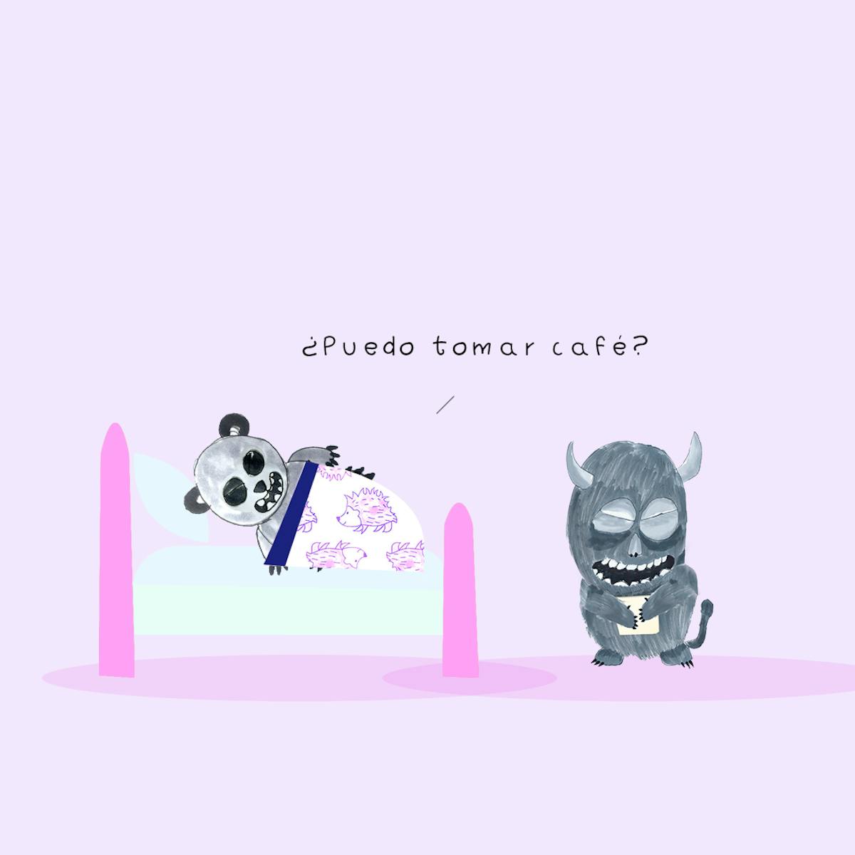 Garitma, monstruo hablando a oso panda acostado en cama, cómic dibujo marcador sobre papel