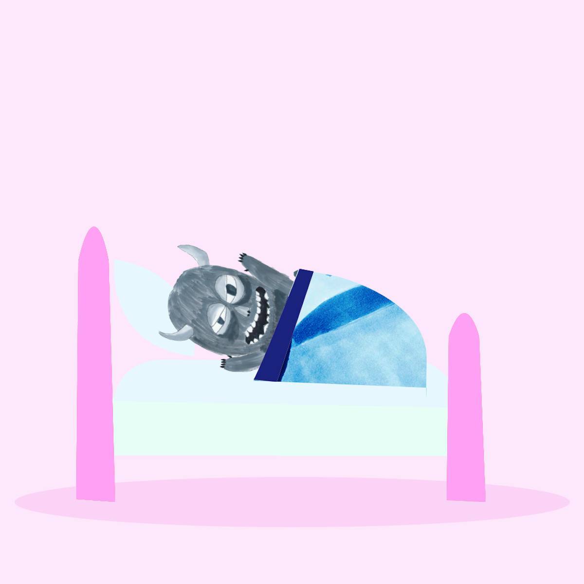 Garitma, Monstro despierta enojado en su cama, cómic dibujo marcador sobre papel