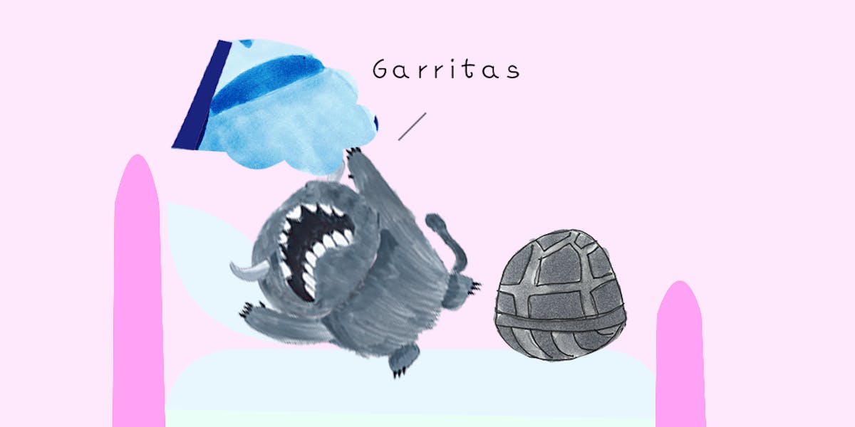 Garitma, Monstro descubre tortuga en su cama, cómic dibujo marcador sobre papel