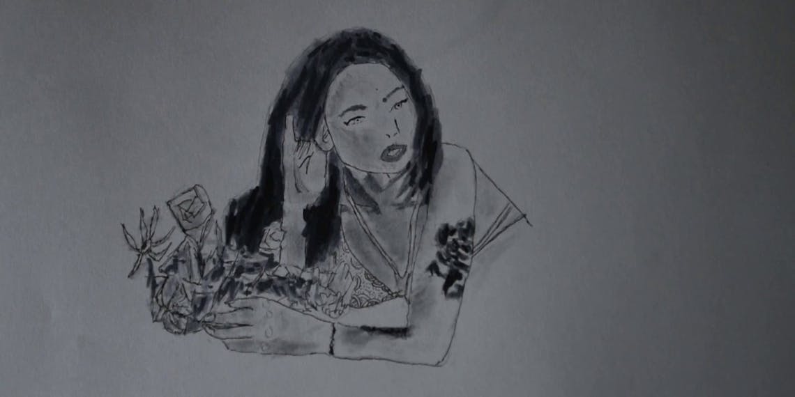 Garitma, mujer tatuada con flores, dibujo cámara rápida marcador sobre papel