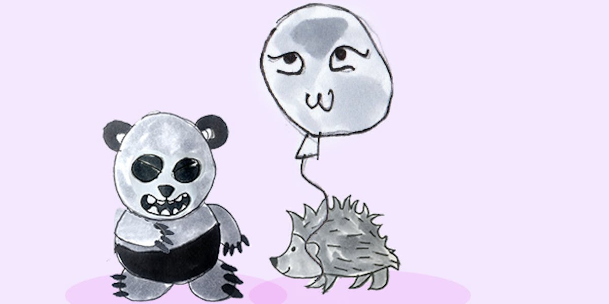 Garitma, panda entregando globo a cuerpo espín, cómic dibujo marcador sobre papel
