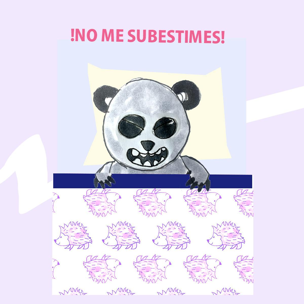 Garitma, oso panda acostado en cama, cómic dibujo marcador sobre papel