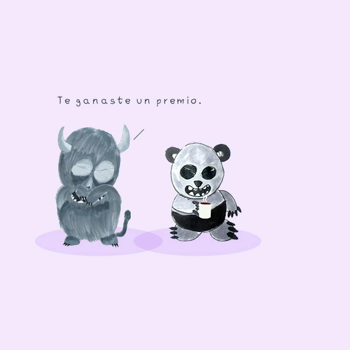 Garitma, monstruo hablando con oso panda mientras toma café, cómic dibujo marcador sobre papel