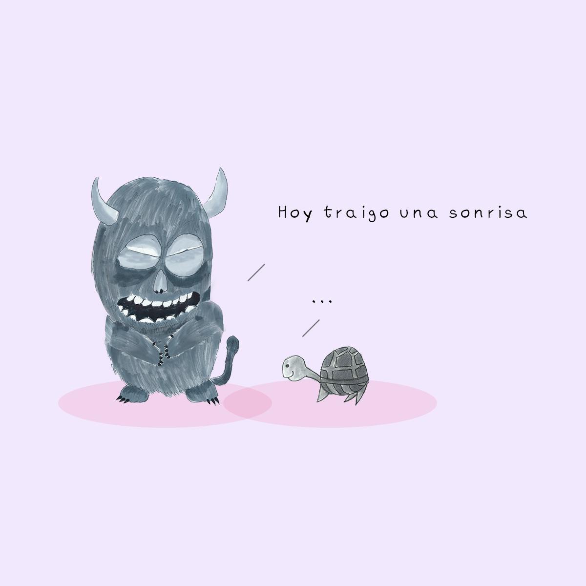 Garitma, Monstruo riendo hablando con tortuga, cómic dibujo marcador sobre papel