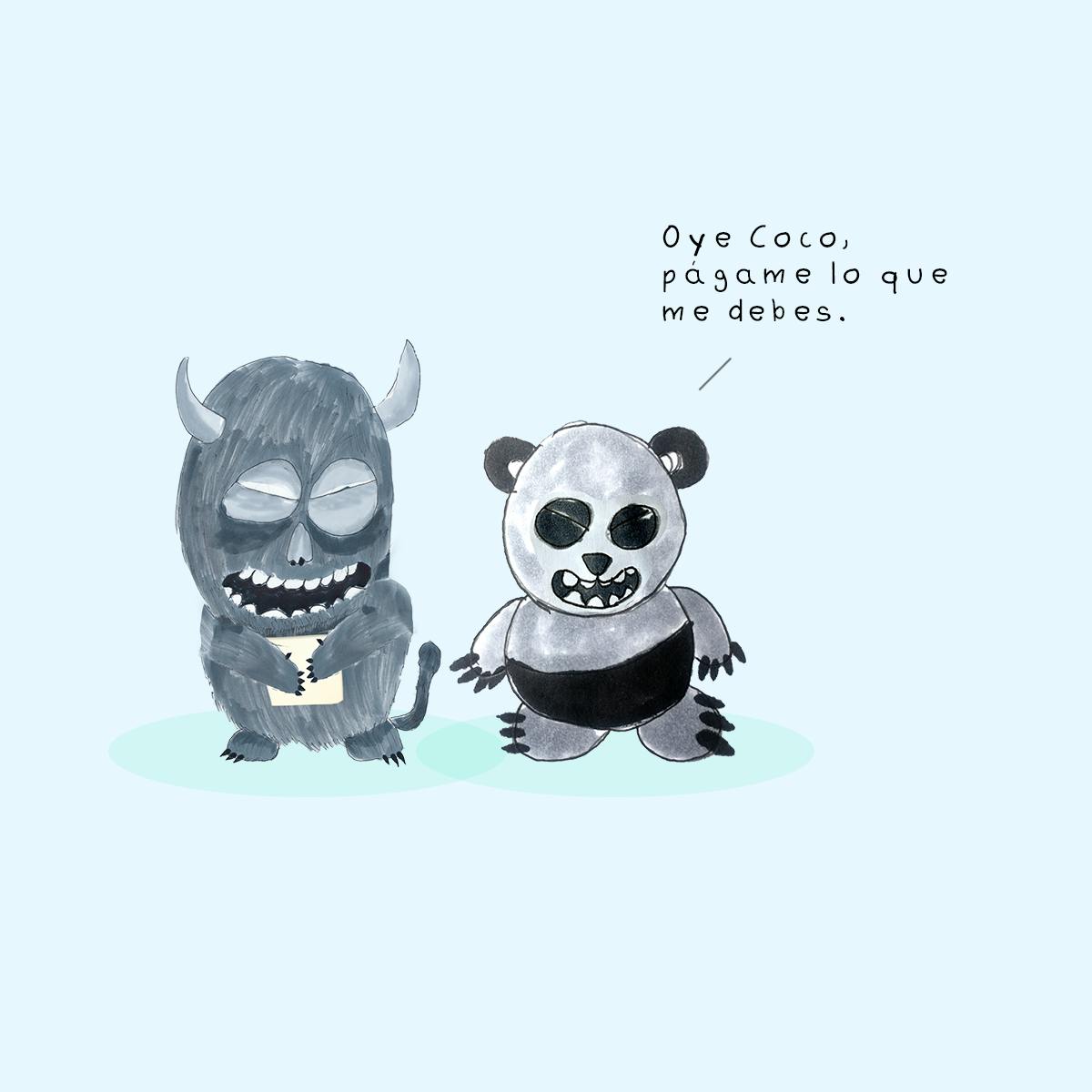 Garitma, Monstruo con papel hablando con oso panda,cómic dibujo marcador sobre papel