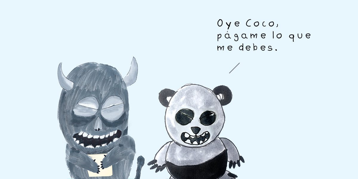 Garitma, Monstruo con papel hablando con oso panda,cómic dibujo marcador sobre papel