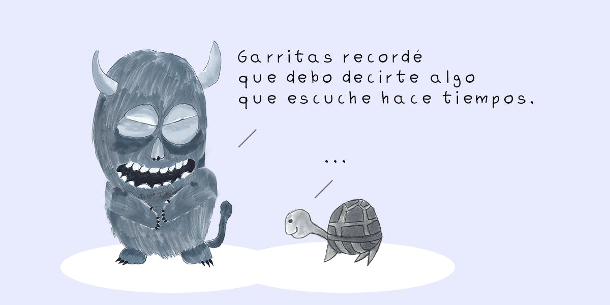 Garitma, monstruo hablando con tortuga, cómic dibujo marcador sobre papel