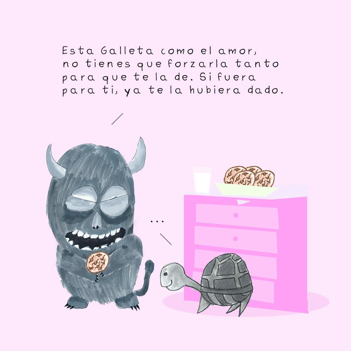 Garitma, monstruo comiendo galletas hablando con tortuga, cómic dibujo marcador sobre papel