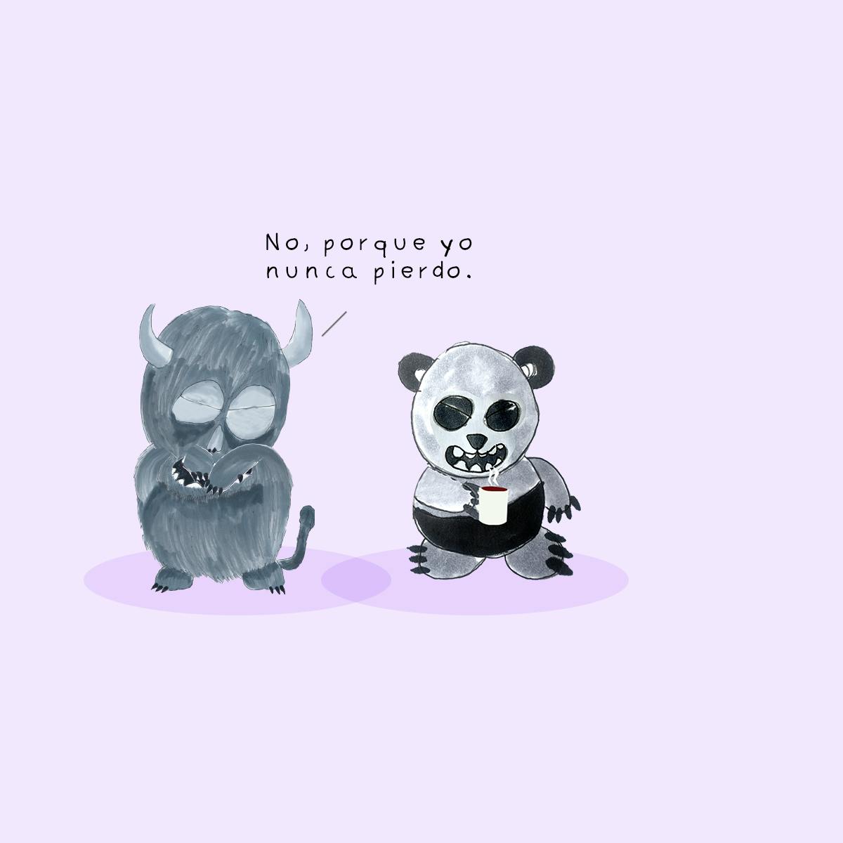 Garitma, Monstruo hablando mientras oso panda toma café, cómic dibujo marcador sobre papel