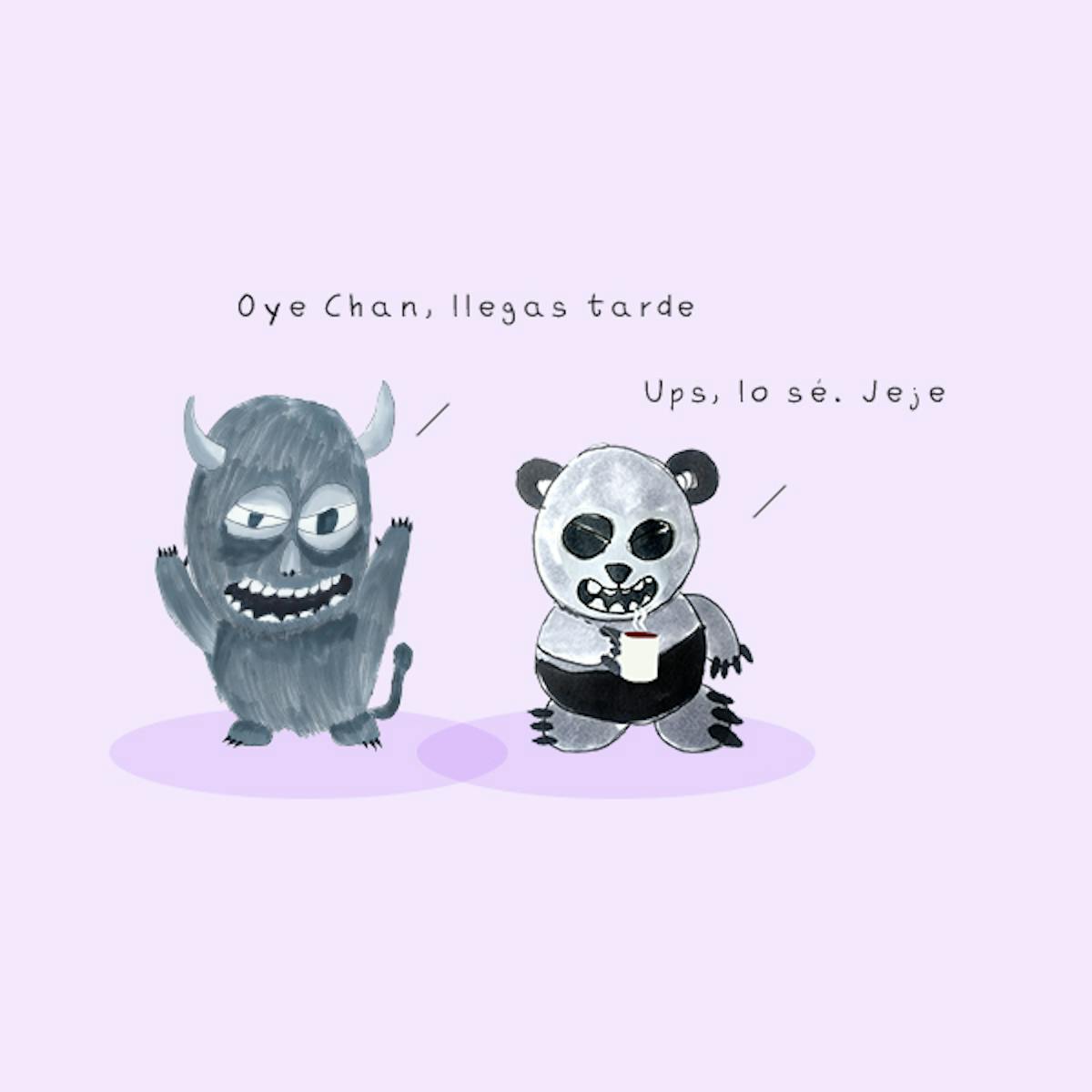Garitma, monstruo hablando con oso panda mientras toma café, cómic dibujo marcador sobre papel