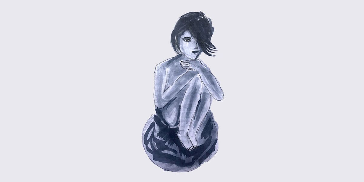 Garitma, mujer con sombrero y camisa de flores mirando al horizonte, dibujo marcador sobre papel