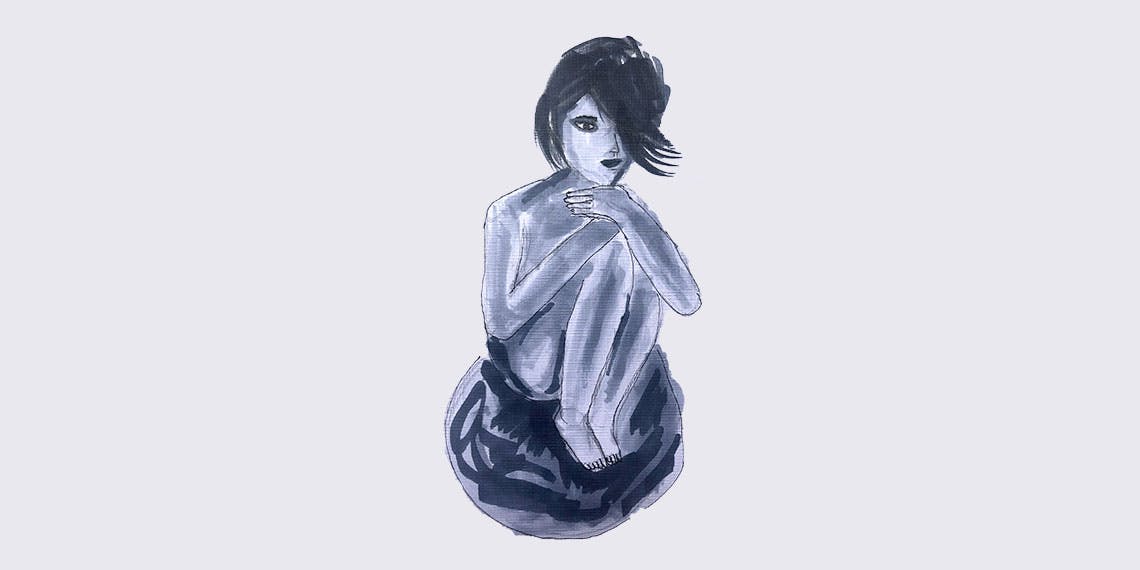 Garitma, mujer con sombrero y camisa de flores mirando al horizonte, dibujo marcador sobre papel