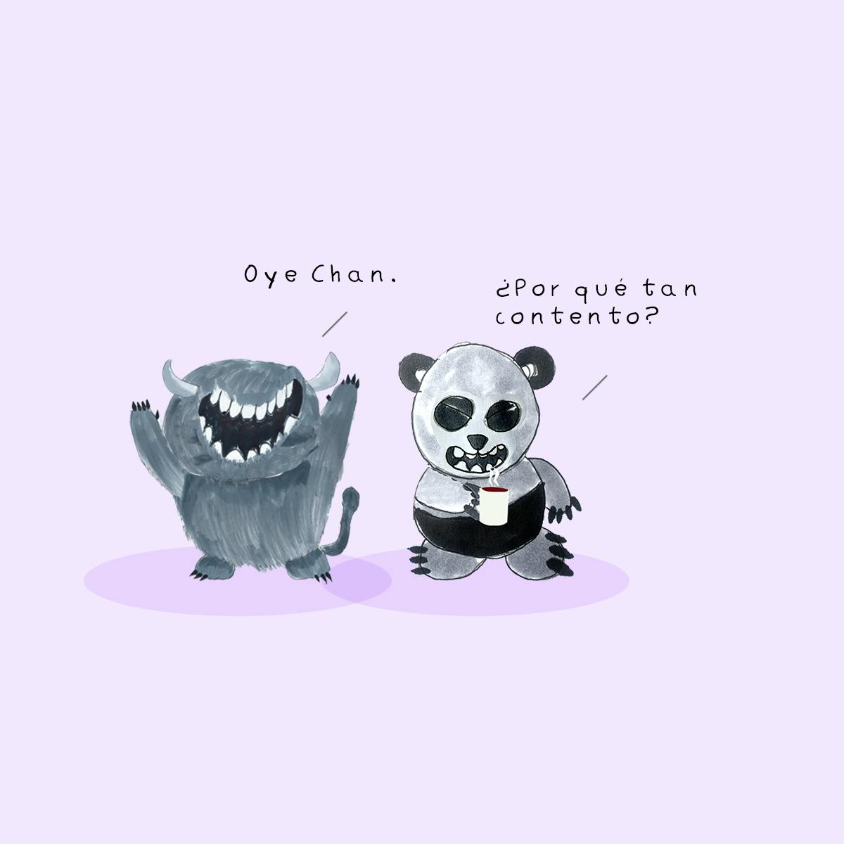 Garitma, Monstruo celebrando mientras oso panda toma café, cómic dibujo marcador sobre papel