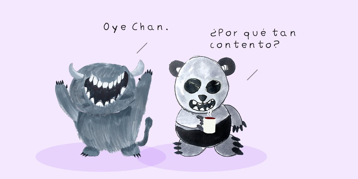 Garitma, Monstruo celebrando mientras oso panda toma café, cómic dibujo marcador sobre papel