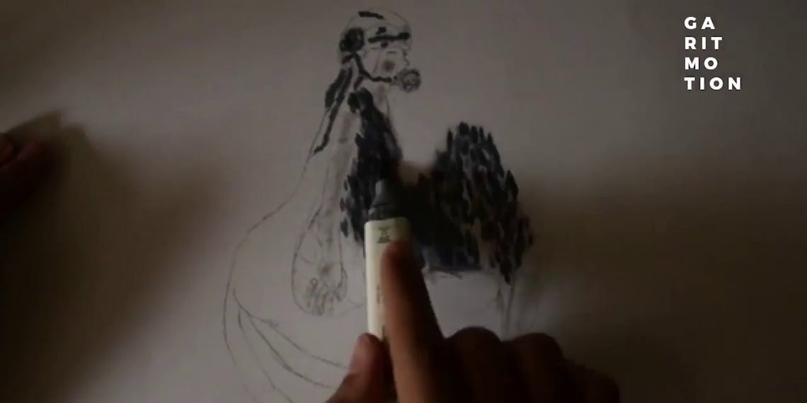 Garitma, mujer con rosa en la boca, dibujo cámara rápida marcador sobre papel