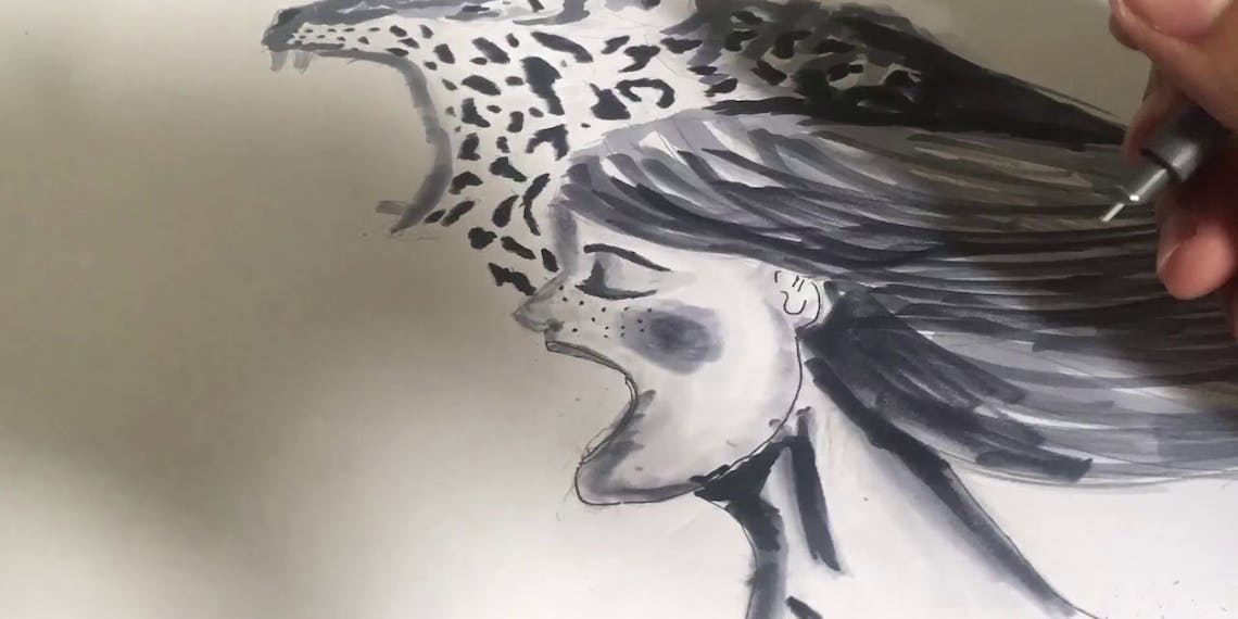 Garitma, mujer gritando con jaguar, dibujo cámara rápida marcador sobre papel