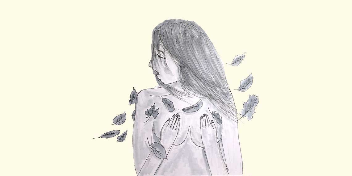 Garitma, Mujer desnuda de perfil tapandoce los pecho con hojas a su alrededor, dibujo marcador sobre papel