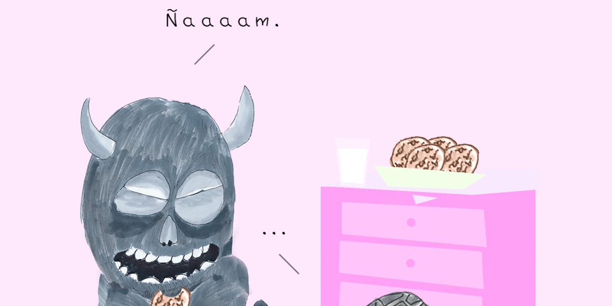Garitma, monstruo comiendo galletas hablando con tortuga, cómic dibujo marcador sobre papel