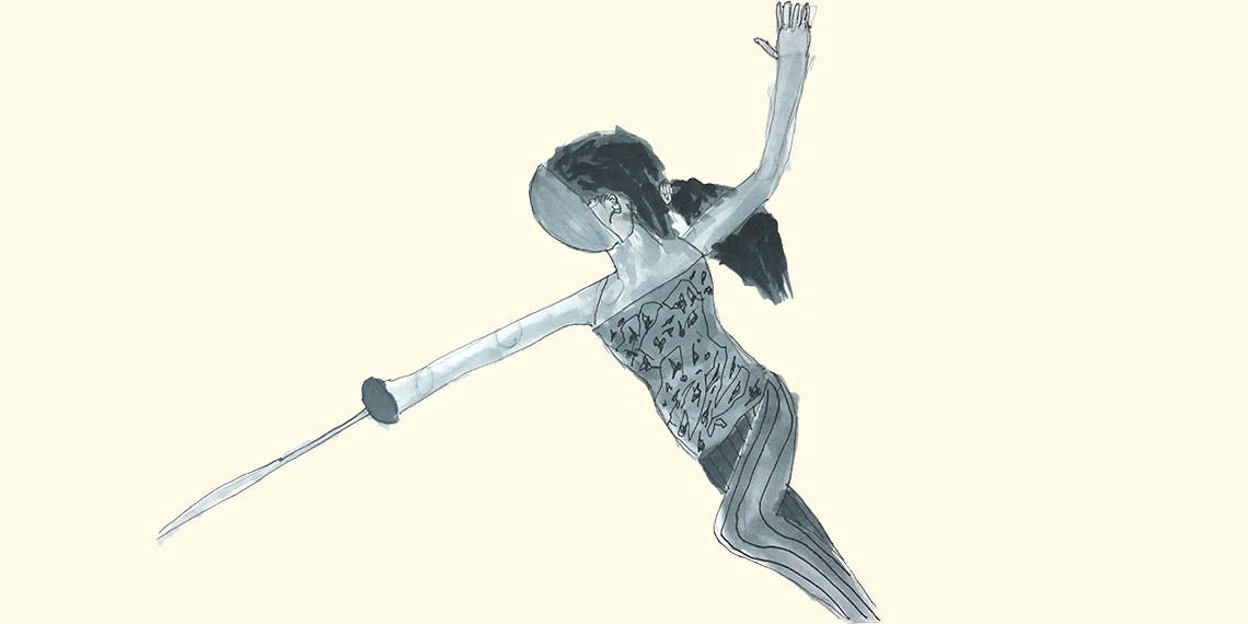 Garitma, mujer esgrima, dibujo marcador sobre papel