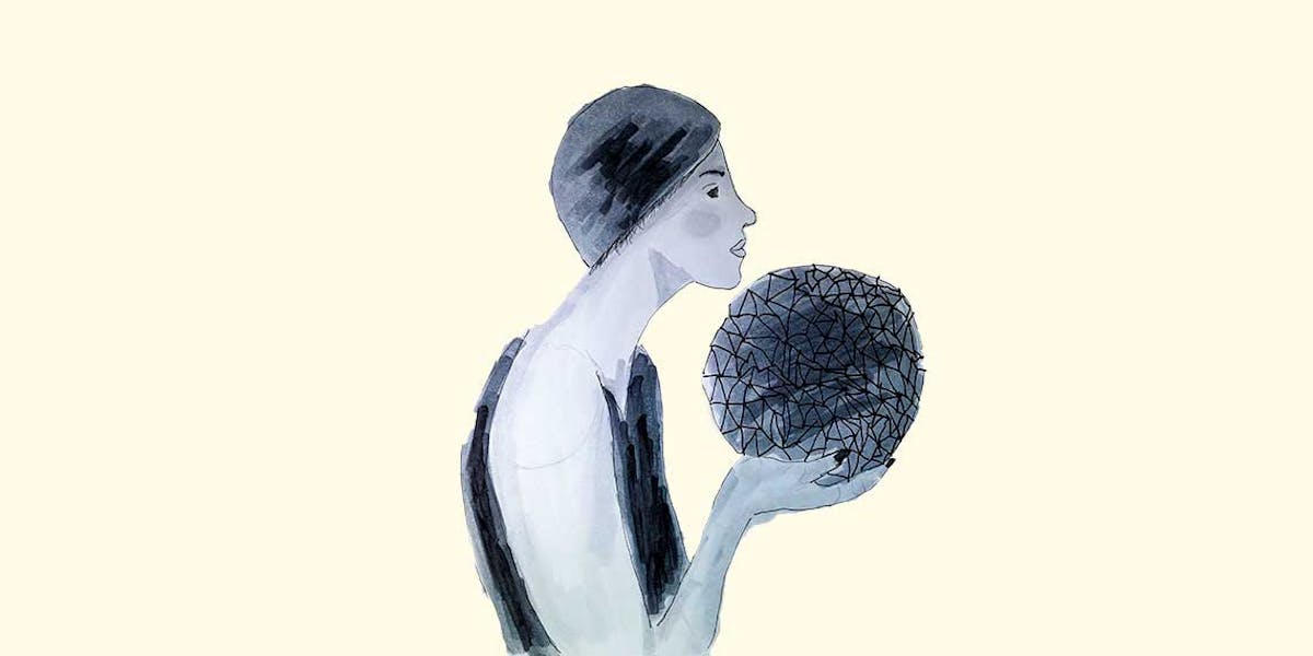 Garitma, mujer sosteniendo una bola en sus manos, dibujo marcador sobre papel