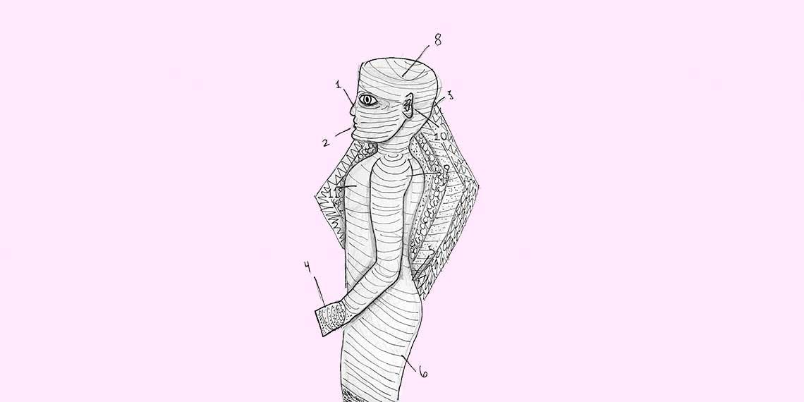Garitma, señalización del cuerpo de una persona con rayas horizontales, dibujo marcador sobre papel