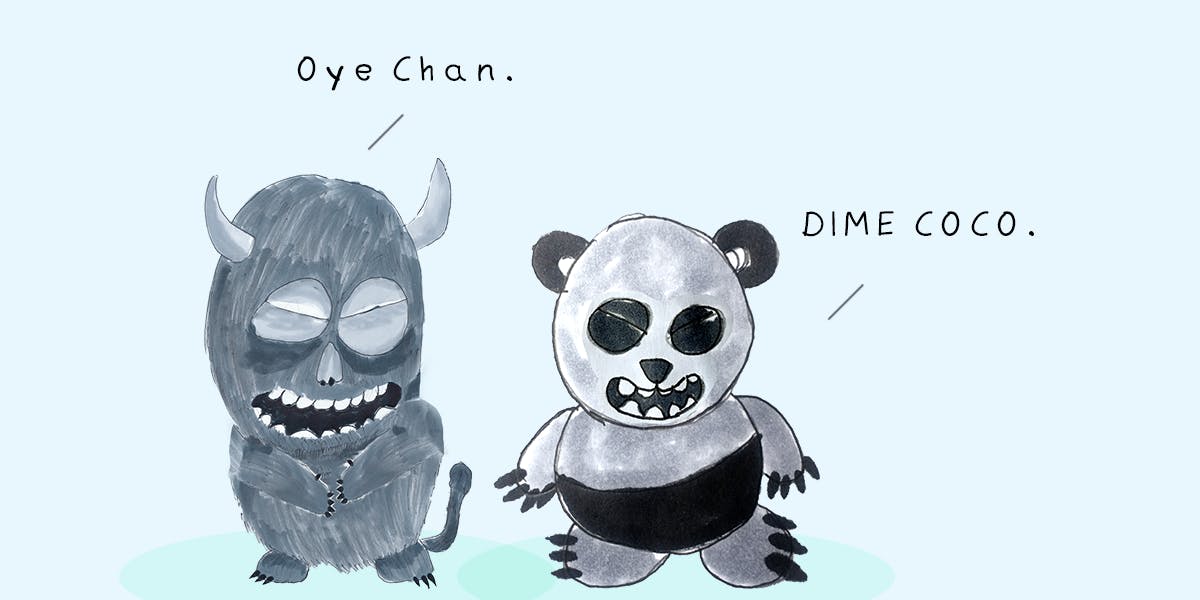 Garitma, Monstruo hablando mientras oso panda toma, cómic dibujo marcador sobre papel