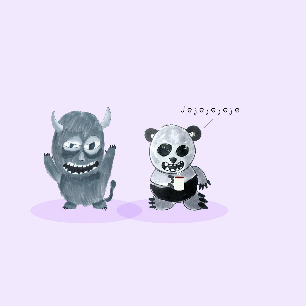 Garitma, Monstruo hablando mientras oso panda toma café, cómic dibujo marcador sobre papel