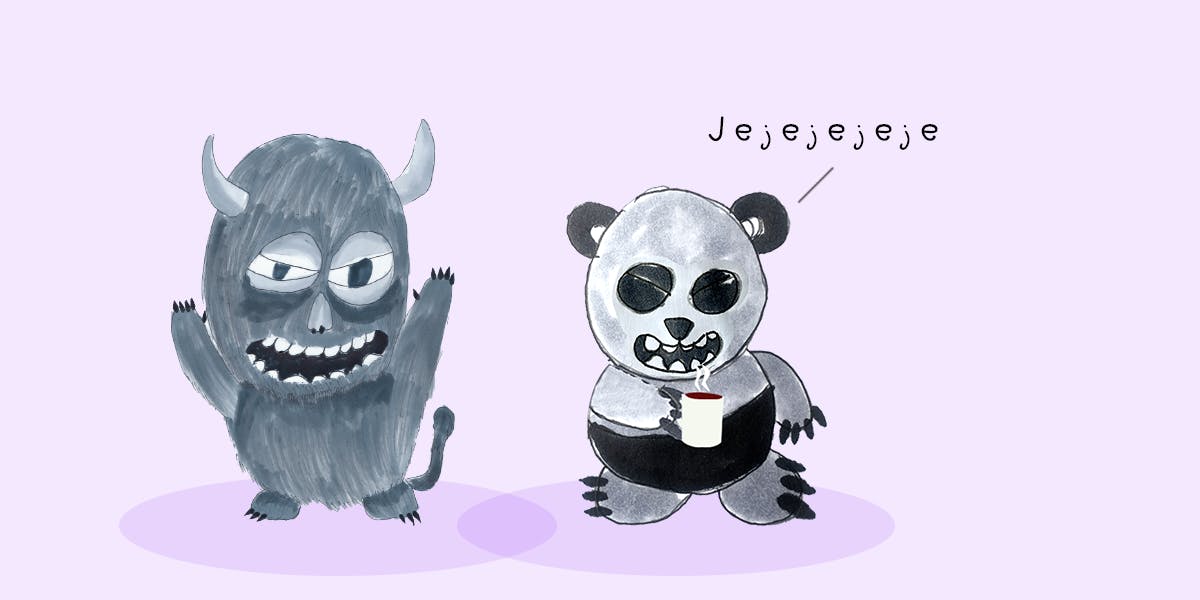 Garitma, Monstruo hablando mientras oso panda toma café, cómic dibujo marcador sobre papel