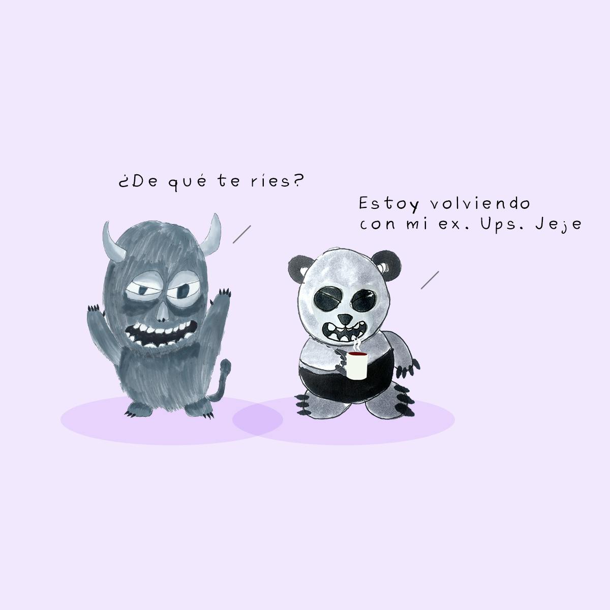 Garitma, Monstruo hablando mientras oso panda toma café, cómic dibujo marcador sobre papel