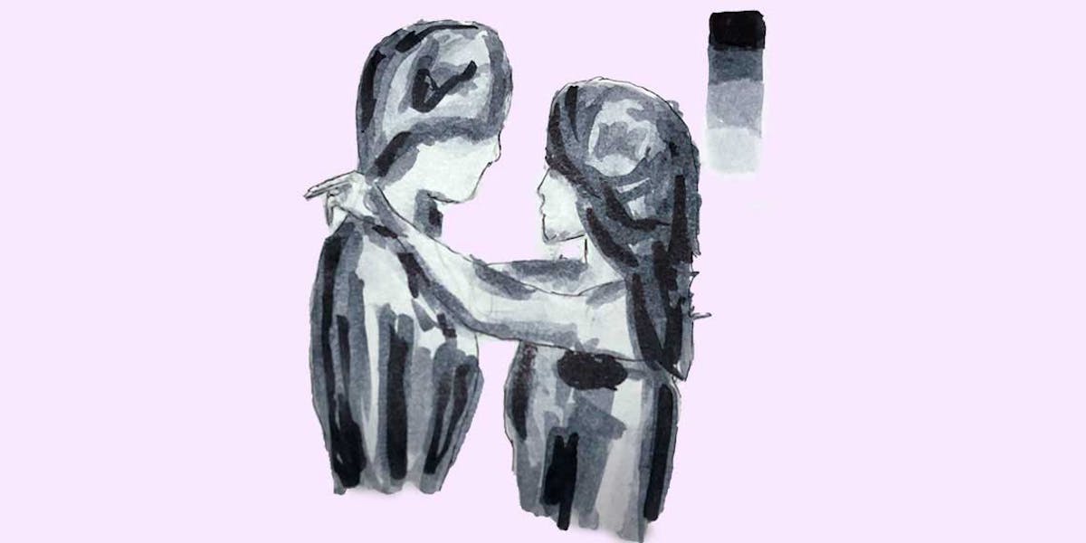Garitma, pareja mirándose a los ojos, dibujo marcador sobre papel