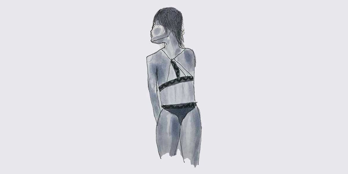 Garitma, mujer en ropa interior de espaldas, dibujo marcador sobre papel