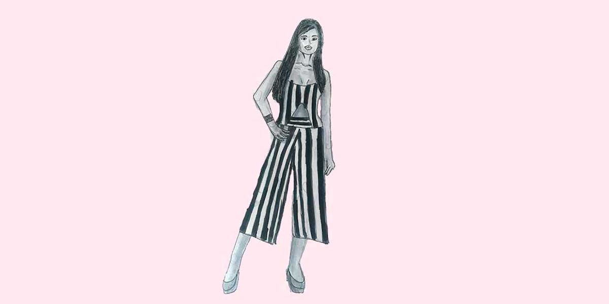 Garitma, mujer posando con vestido de rayas, dibujo marcador sobre papel