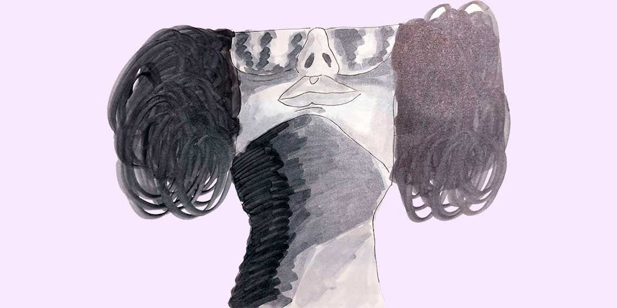 Garitma, mujer con gafas y con el cuello cubierto, dibujo marcador sobre papel
