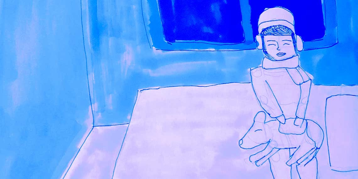Garitma, Mujer joven sentada en su cama con perro en sus piernas, dibujo marcador en papel con retoque digital