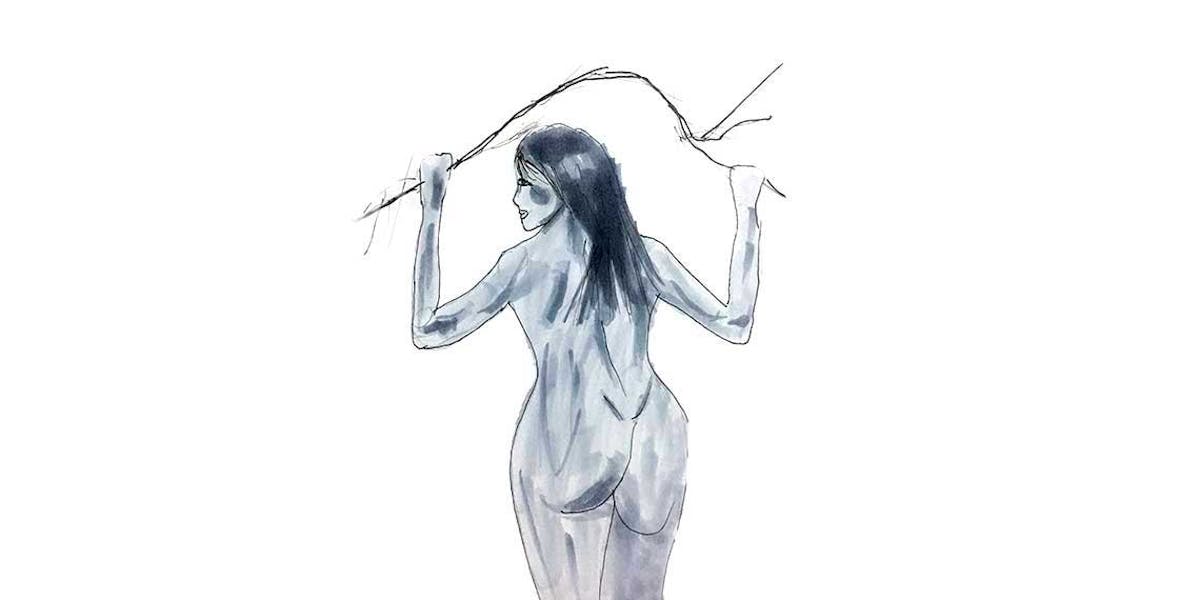 Garitma, mujer desnuda de espaldas con una rama en sus manos, dibujo marcador sobre papel
