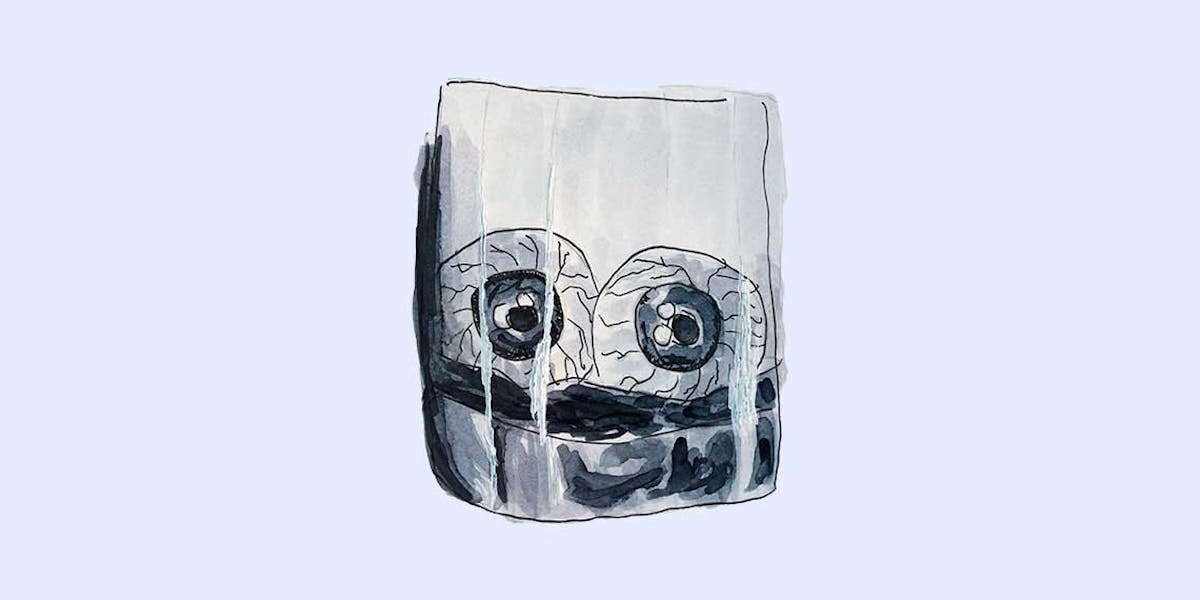 Garitma, ojos dentro de un vaso de vidrio, dibujo marcador sobre papel