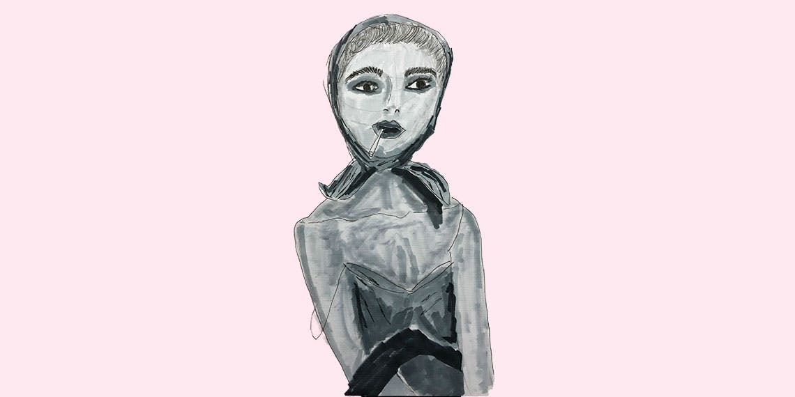 Garitma, mujer con pañoleta fumando, dibujo marcador sobre papel