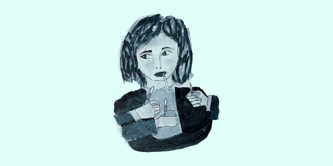 Garitma, mujer fumando con varias candelas en frente, dibujo marcador sobre papel